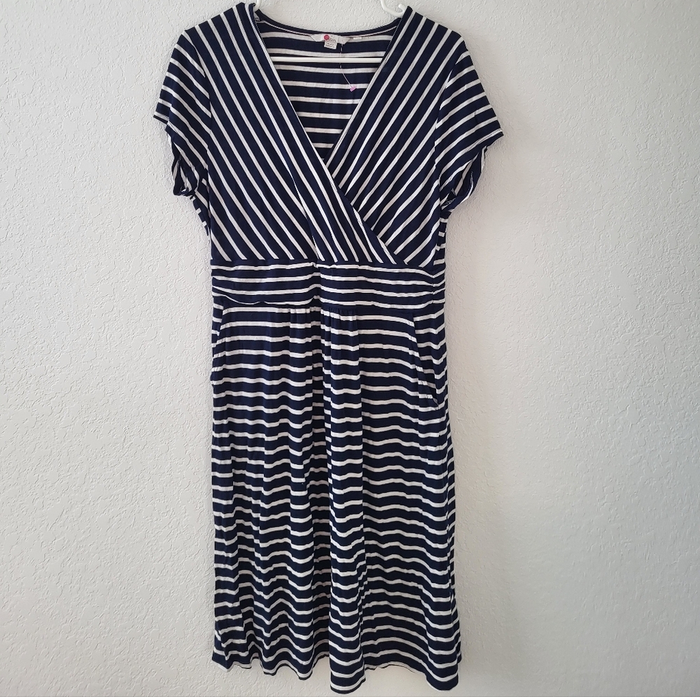 Boden Navy and White Striped Faux-Wrap Midi Dress